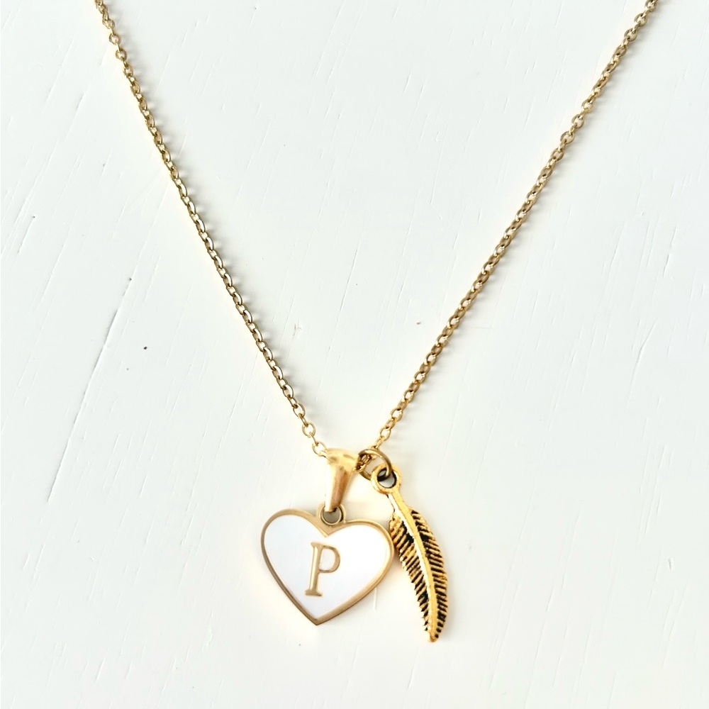 Initial Letter Necklace. P. Gold Heart and Feather 14k Gold Plated